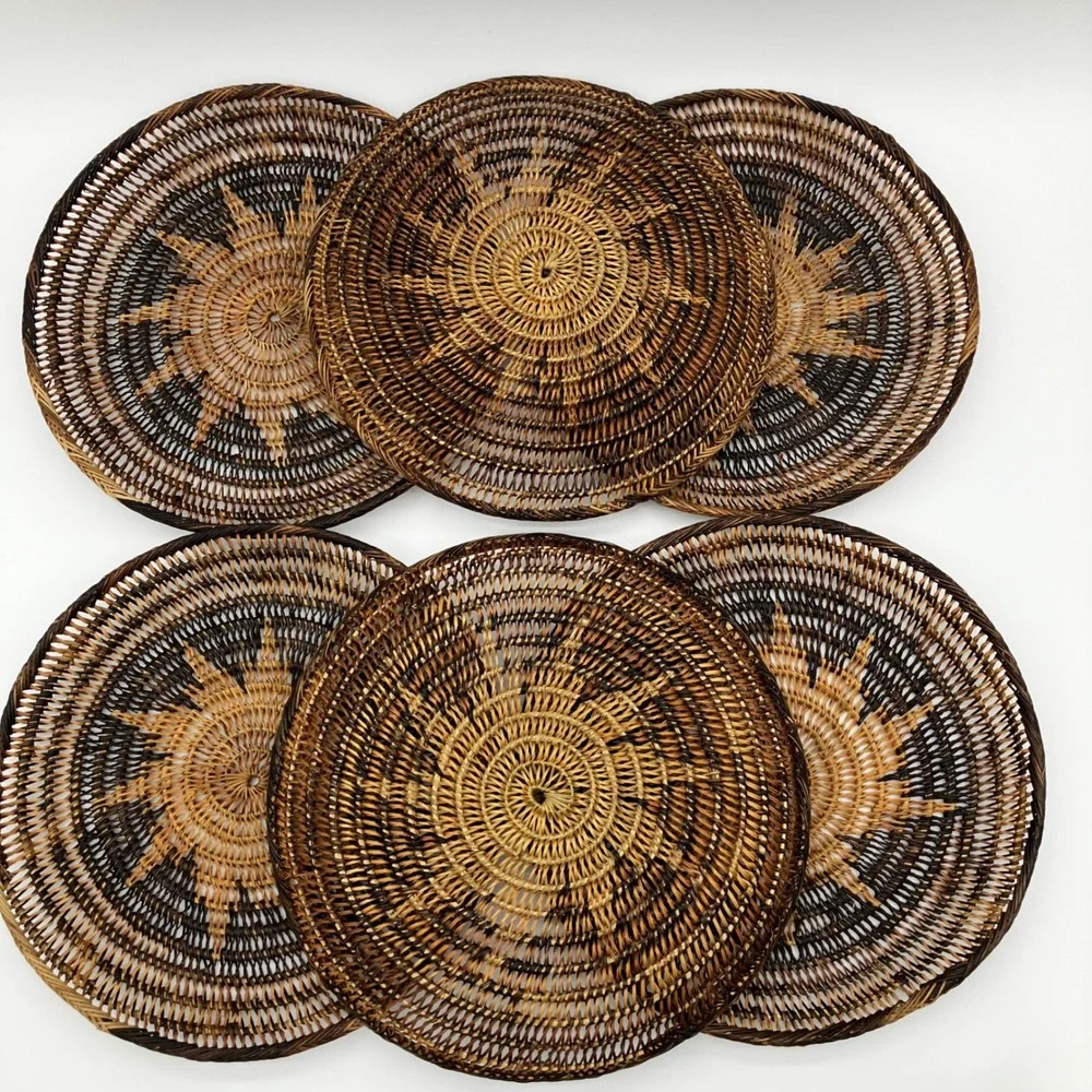 Vintage Woven Rattan Plate Chargers 12 Inch Brown Sunburst Wall Decor Set of 6